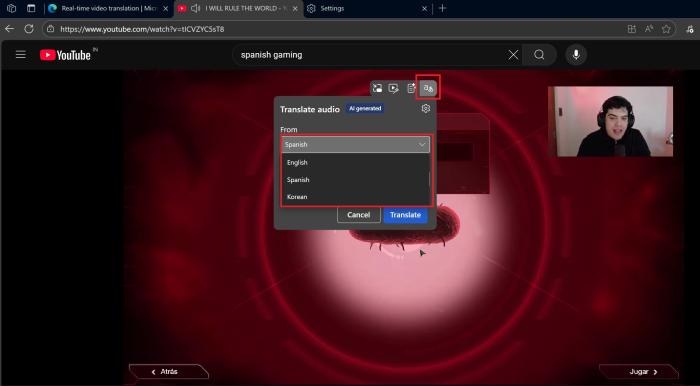 select language in edge live audio translation