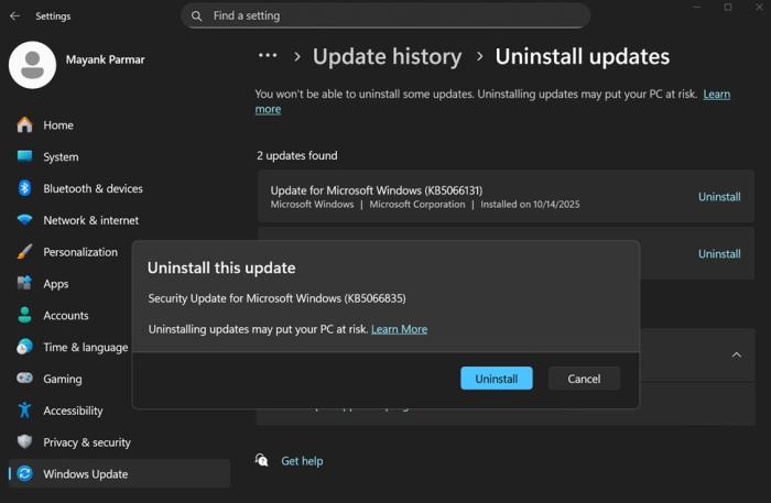 Uninstall Windows Update button