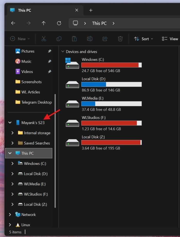 文件資源管理器側邊欄中的移動設備